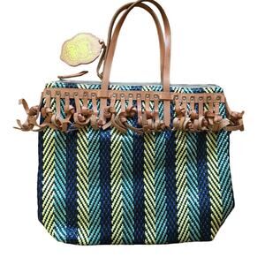 Consuela Cancun Frida Woven Tote Knotted Leather Fringe Bag Blue Yellow Black